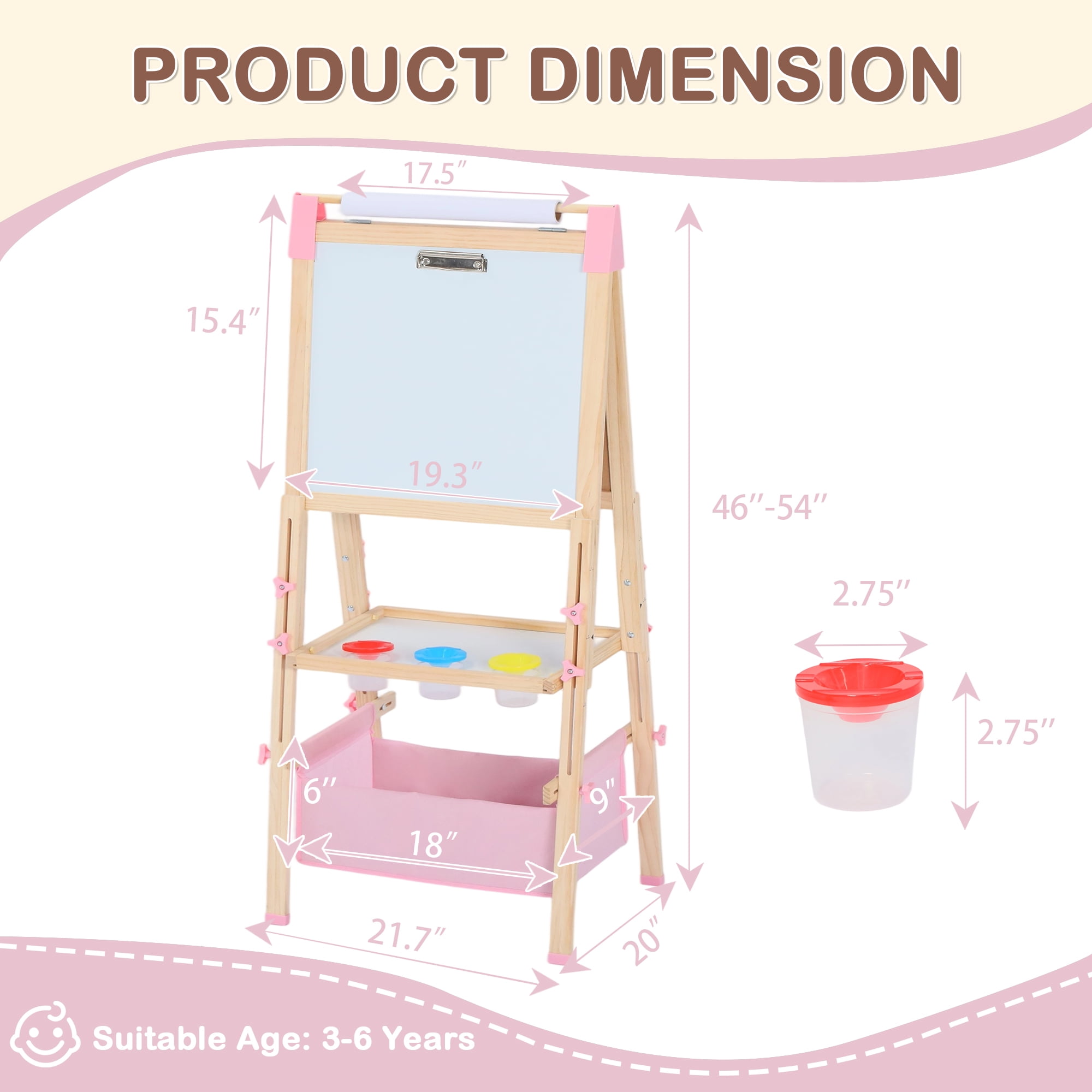 LINLUX Wooden Kid Easel for Paintings, Art Easel for Kid Double Side, Magnetic Whiteboard Chalkboard, Pink