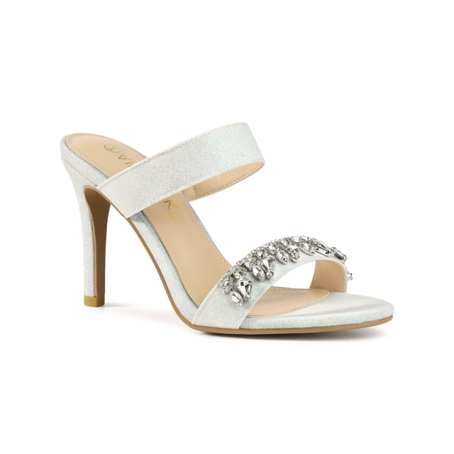 BLISSFUL STEP Sandales à Talons Aiguilles à Paillettes en Strass pour Femmes Blanches 9