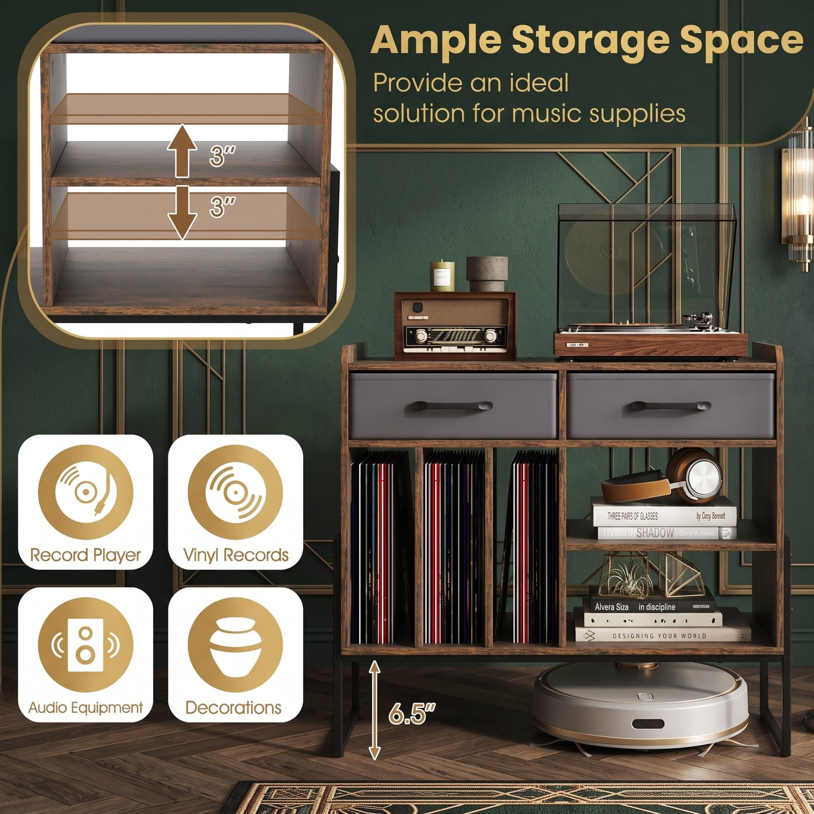 Furnibear Record Player Stand with Charging Station, Mid Century Modern Vinyl Storage Cabinet with USB and Type-C Ports, 2 Fabric Drawers and Adjustable, Rustic Brown