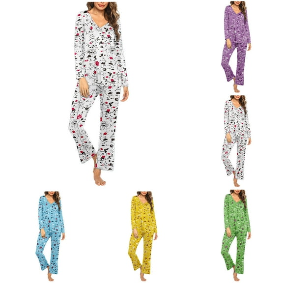 VBTAPA Women's 2 Piece Pajamas Sets Boho Floral Print Long Sleeve Lounge Pjs Set V Neck Tunic Tops   Elastic Waist Pants Matching Loungewear Sets Soft Nightwear Clearance Sale Yellow S