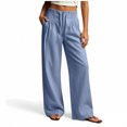 thumbnail image 7 of Women's Cotton Blend Straight Leg Pants with Pockets, Mid Elastic Waist, Soft Loose Fit, Casual Business Beach, Cropped Pants | VerBelle,Blue 2XL, 7 of 7