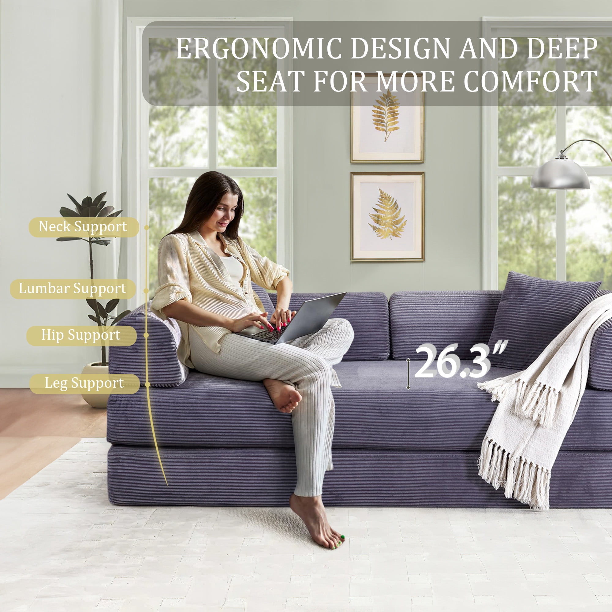 Timbernest Convertible Sleeper Sofa Bed 78" Folding Sofa Bed with 2 Pillows 3-Seat Floor Sofa for Living Room, No Assembly, Gray