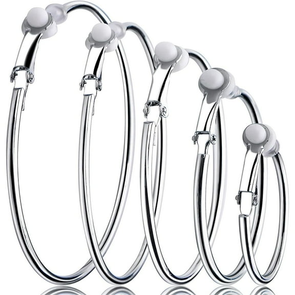 5 Pairs Silver Clip on Earrings Hoop Non Piercing Women Clip Earrings for Women, 5 Sizes