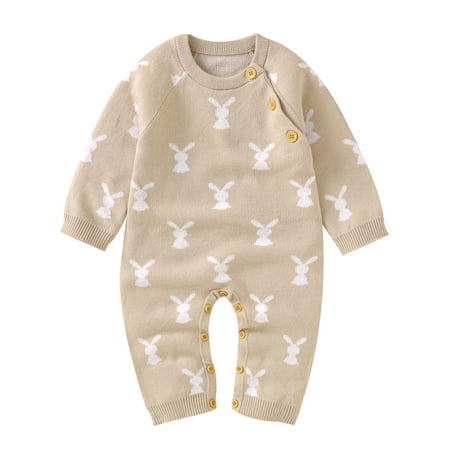 

ZHAGHMIN Baby Girls Bunny Knit Sweater Rompers Spring Comfy Ribbed Pattern Long Sleeve Bodysuit with Button Cute Ribbed Clothes Khaki Size80