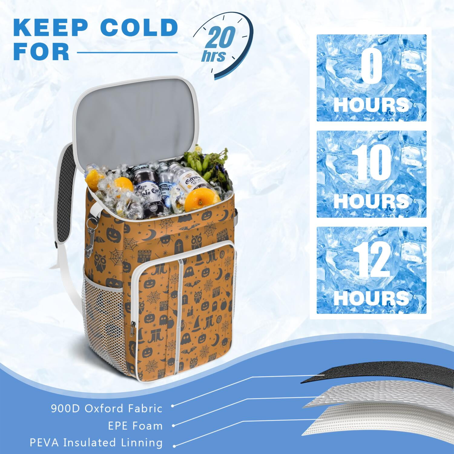 Travel Cooler Bag - Halloween Minimalist Icons Pattern Camping Beer Cooler Backpack with Bottle Opener- Waterproof Insulated Picnic Backpacks - Cooler Bag for Beach