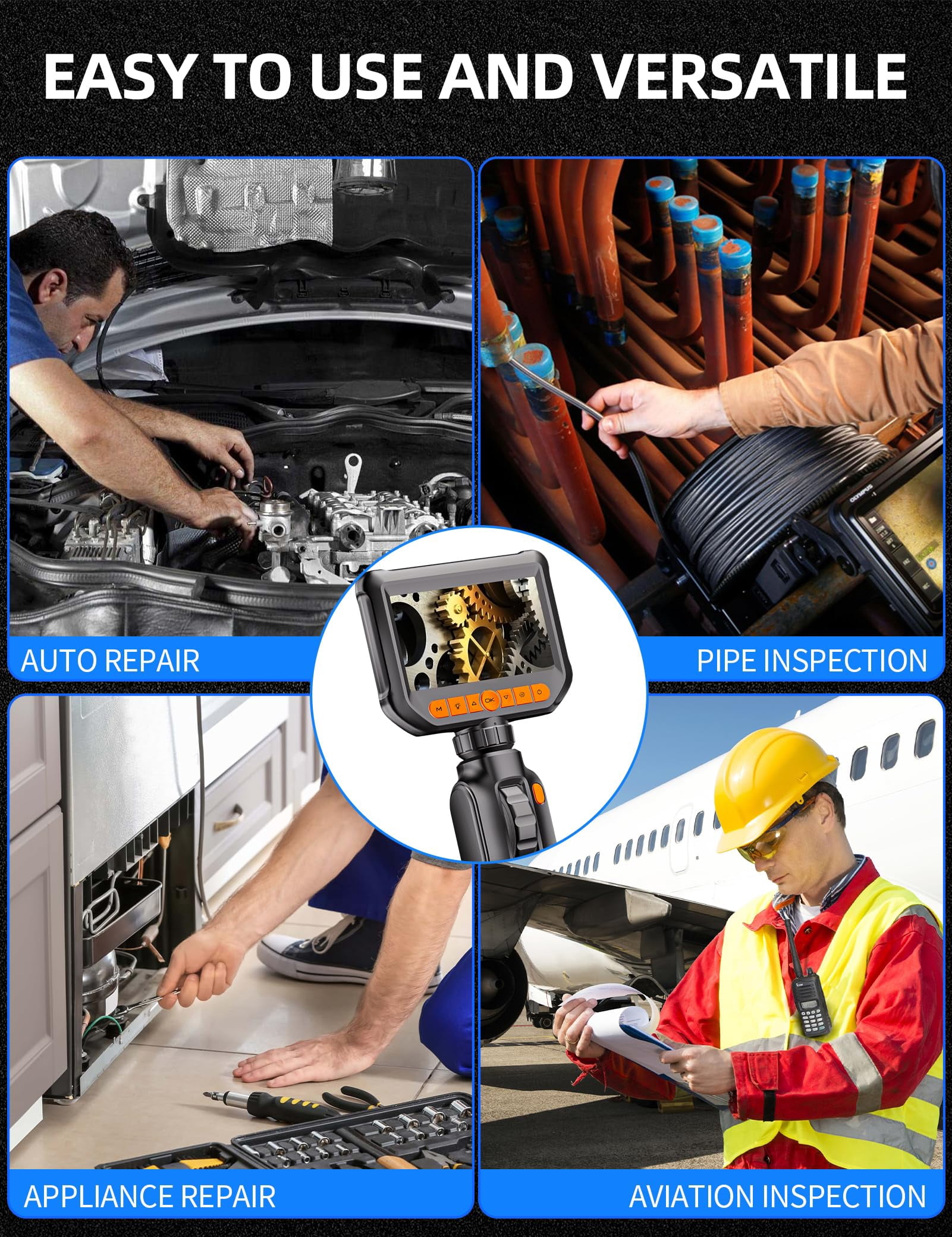 Daxiongmao 4.3Inch Screen Two-Way Articulating Borescope with 32G Card, 1080 HD 3.3ft Semi-Rigid Cable, Borescope Endoscope Camera with Light, IP67 Waterproof Sewer Camera, Gadgets for Men