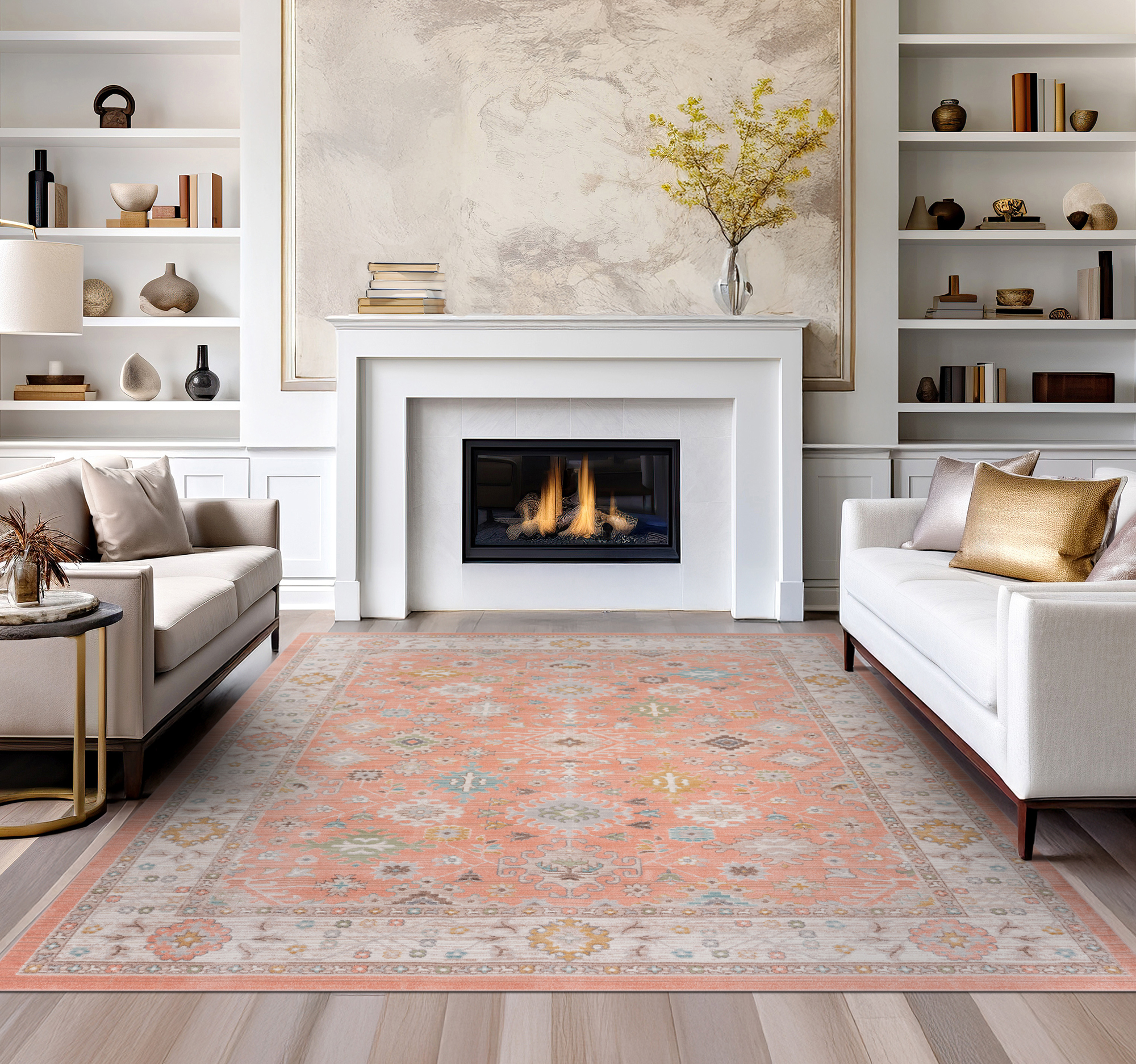 Crestwood Traditional Oriental 8x10 Salmon and Aqua Polyester Indoor Area Rug, 7'10'' x 9'4''