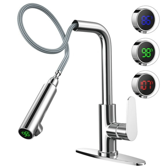 Kitchen Sink Faucet with Pull Down Sprayer, Temperature Display Kitchen Faucets with Deck Plate Single Handle