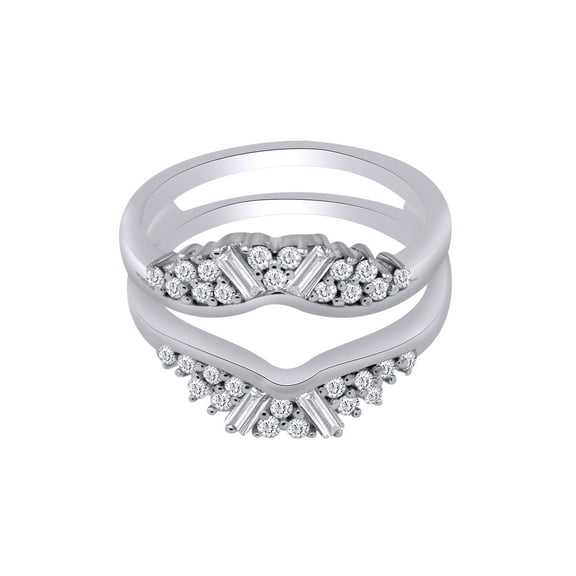 Round & Baguette Shape White Cubic Zirconia Enhancer Guard Ring in 10k White Gold Ring Size - 6.5