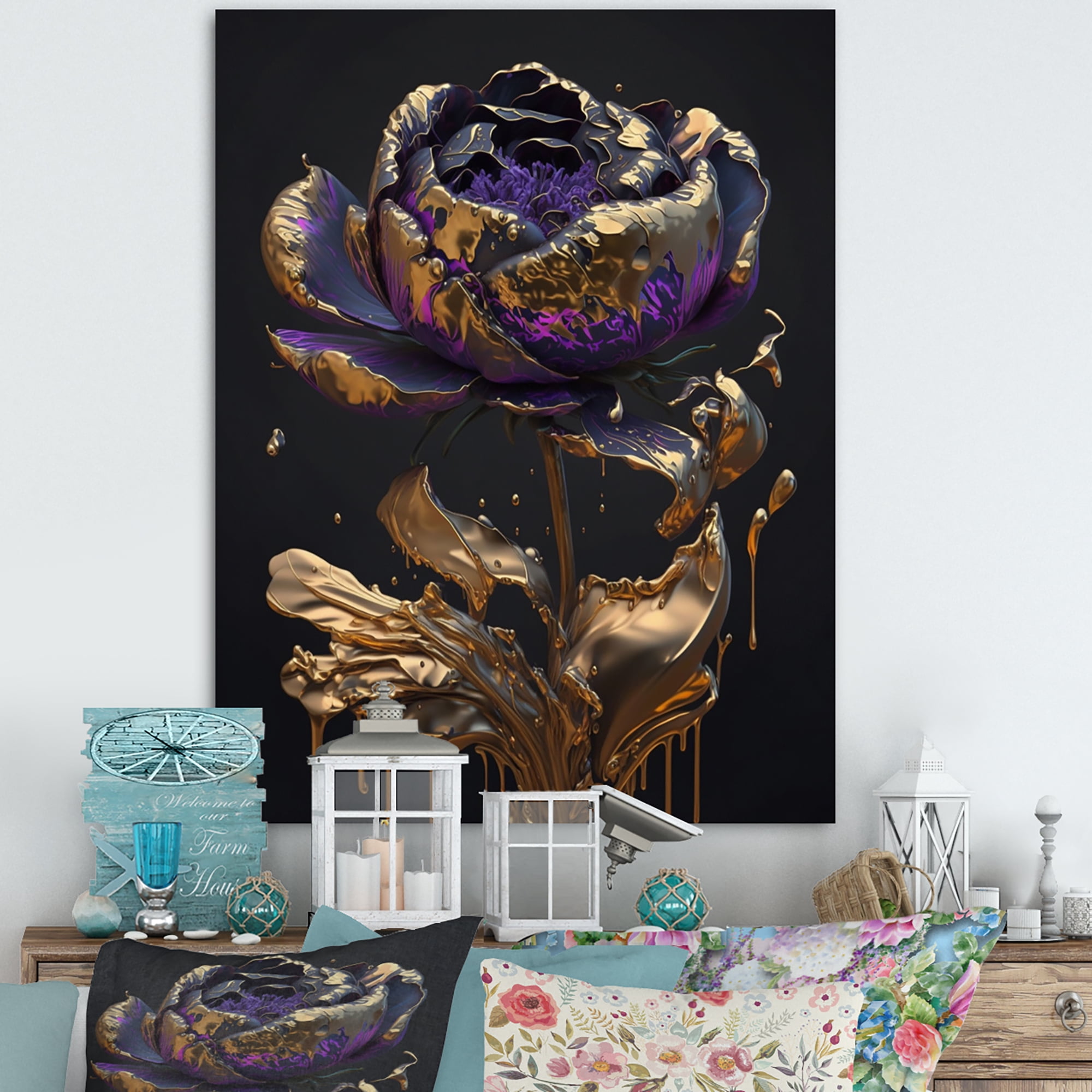 Designart Purple Peony Liquid Gold II Canvas Wall Art