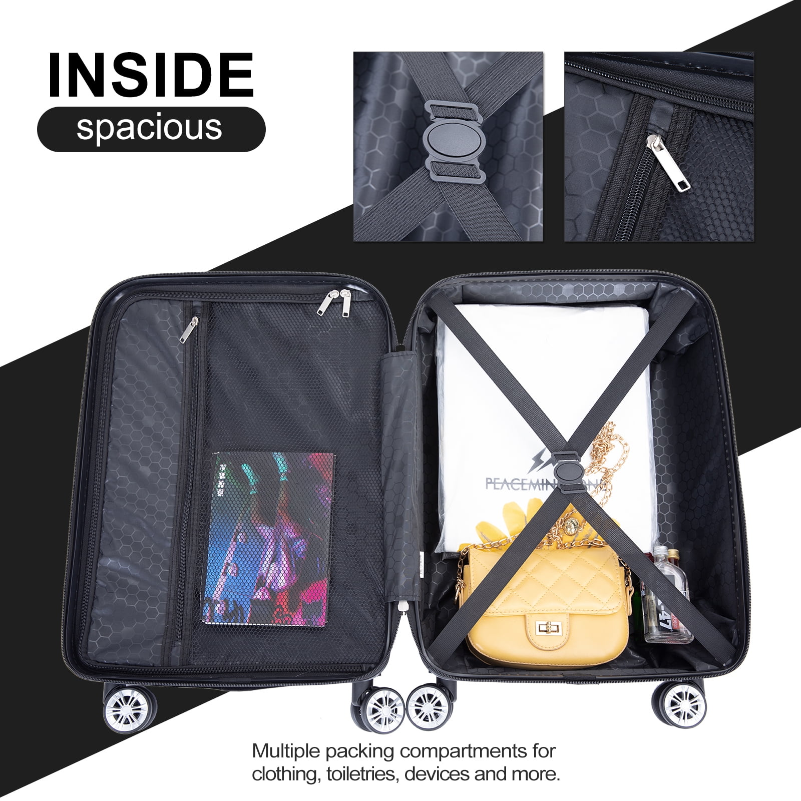 Tripcomp 11 Piece Hardshell Luggage Set, 20/24/28 Inch Carry On Spinner Suitcase with Packing Cubes Toiletry Bag, Lightweight Durable Travel Suitcase Smooth Rolling Wheels,Black