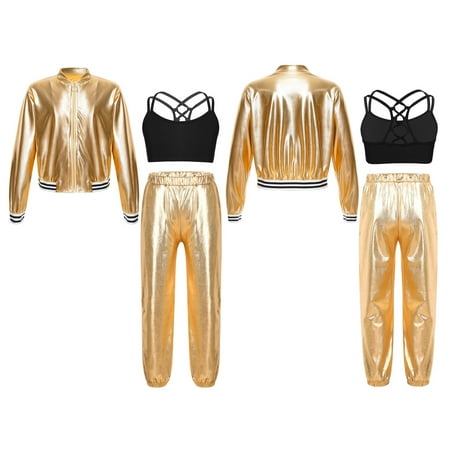 dPois Kids Girls Shiny Metallic Bomber Jacket Coat Outwear Jazz Hip Hop Dance Crop Top Sports Bra Gold 14