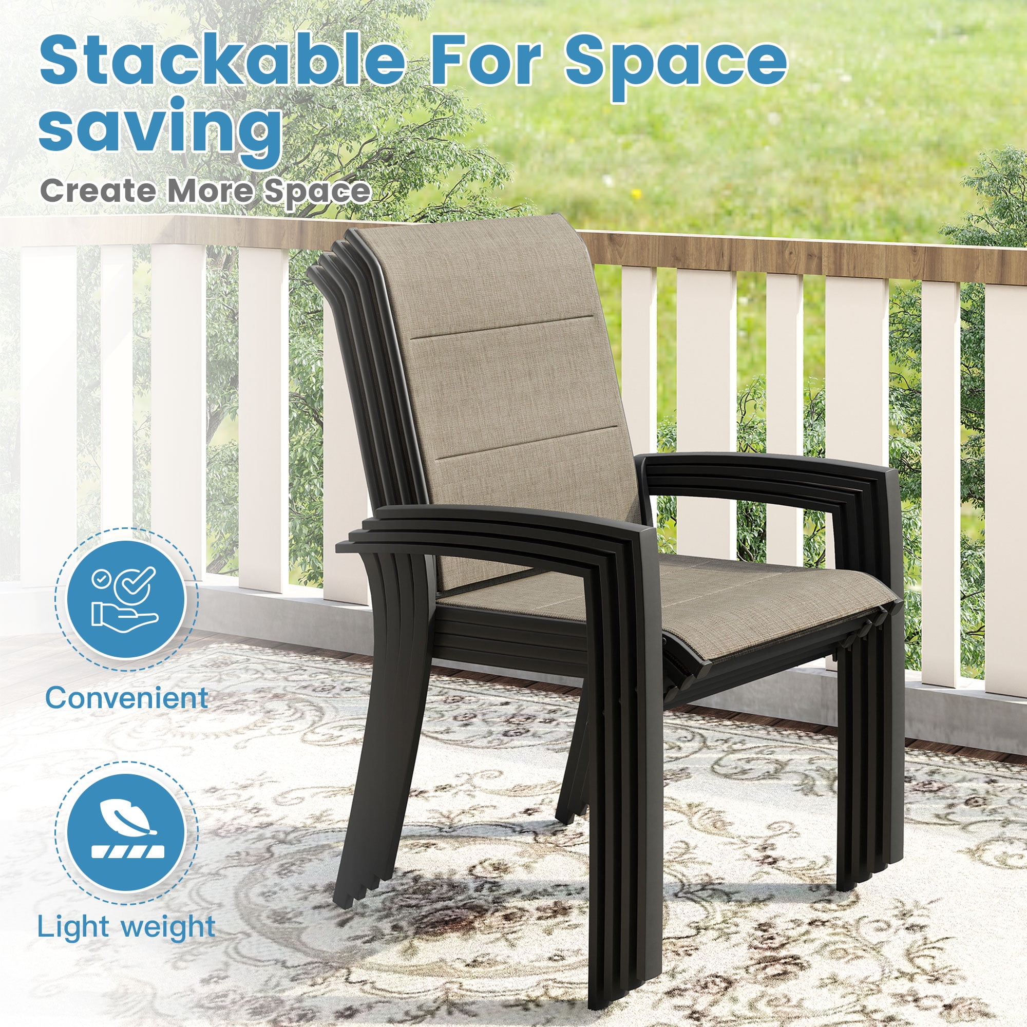 Vicllax Outdoor Patio Dining Chairs Stackable Padded Metal Frames with Textilene, Set of 6, Black