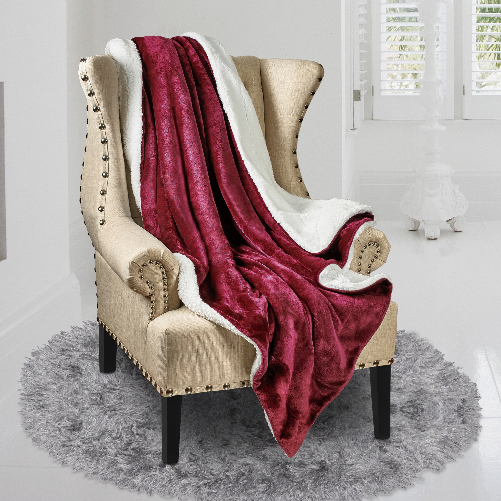Genteele Super Soft Luxurious Sherpa Throw Blanket, 50" X 60", Burgundy Red