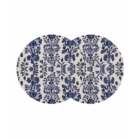 Blue Spring Floral Round Placemats Set of 2 for Dinning Tables,Heat-proof Braided Table Mats 13 Inch,Summer Botanical Farmhouse Rustic Washable Place Mat for Kitchen Restaurant Party Table Decor