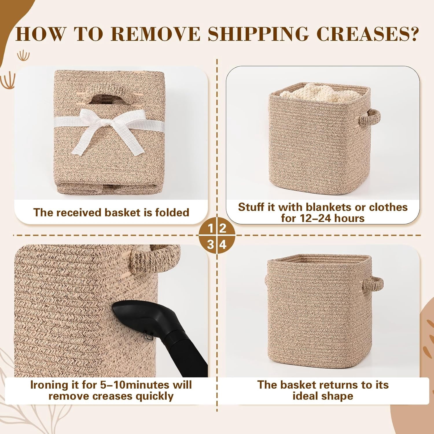 Natubeau 3 Pack Woven Storage Basket for Shelves, Cube Storage Bins, Cotton Rope Woven Baskets for Organizing, 11 Inch, Jute