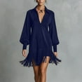 thumbnail image 2 of Women's Western Cowgirl Vintage Suede Dress,Sexy Long Sleeve V Lapel Fringe Hem Mini Dresses for Women 2026 Trendy Navy L, 2 of 5