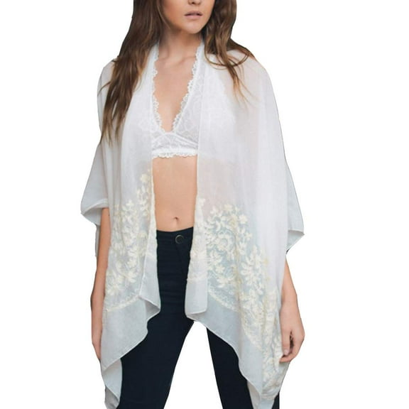 Womens Floral Embroidered Stitch Kimono cardigan (White)
