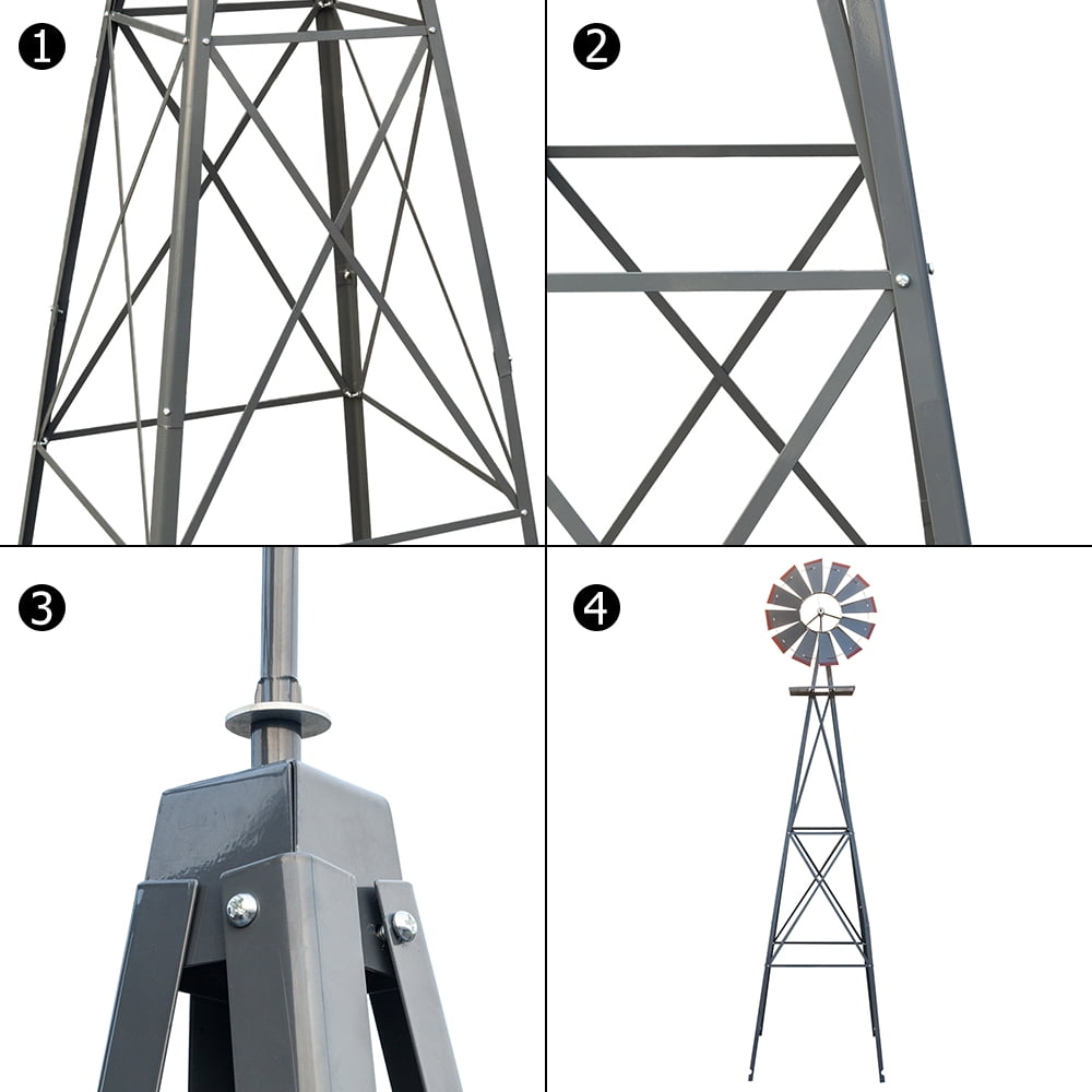 8FT Weather Resistant Yard Garden Windmill, Gray & Red