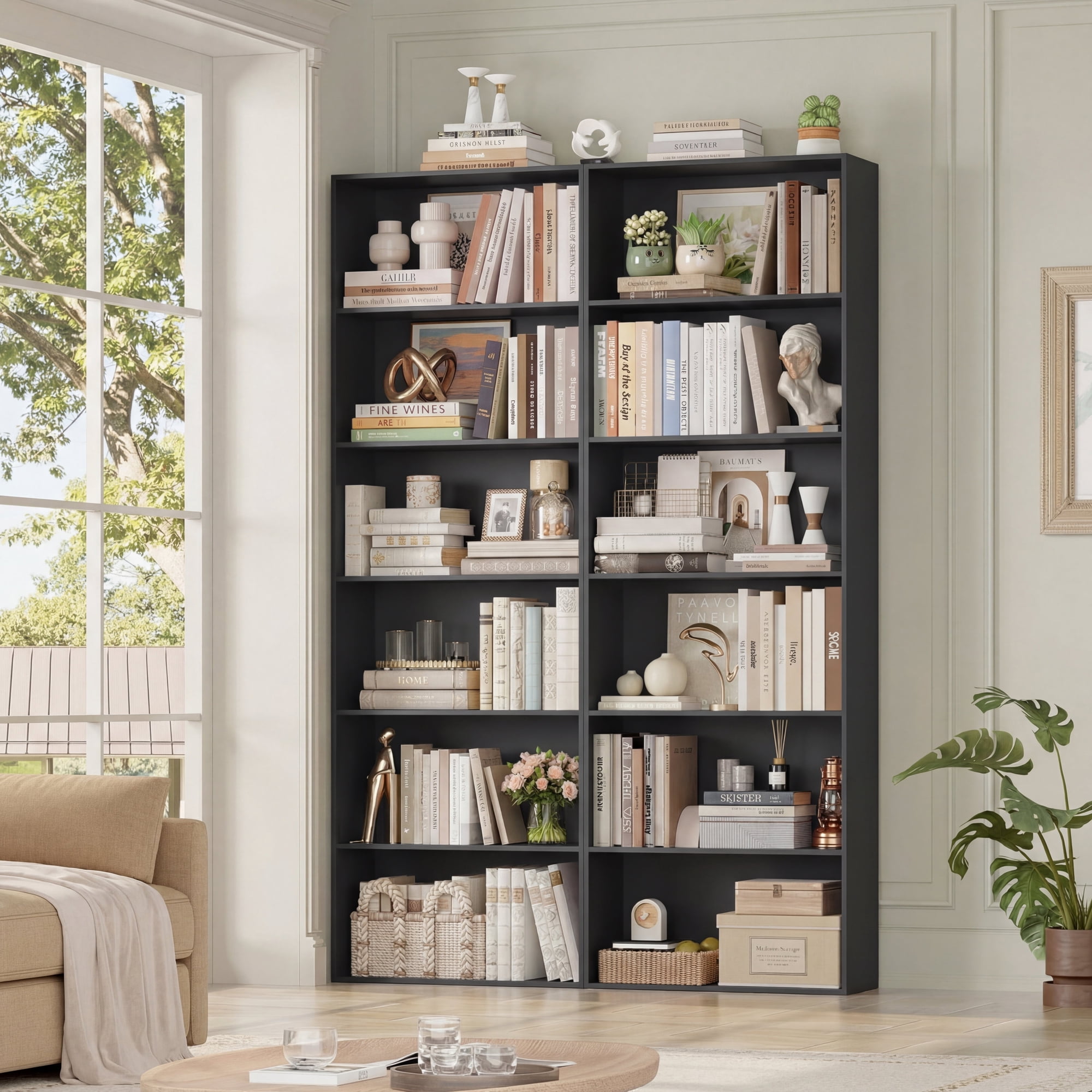 Homfa 6 Tier Tall Bookshelf and Bookcase, 2PC Wooden Bookcase Display Shelf for Living Room Home Office Library Storage, Black