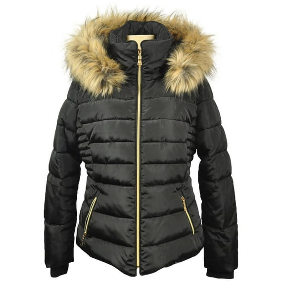 Winter Quilted Puffer Coat for Women Fleece Lined Warm Jacket with Removable Faux Fur Hood