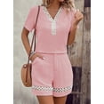 thumbnail image 3 of Solid Lace Patchwork 2 Piece Outfit, Women Summer Short Sleeve Top & Shorts Set, 3 of 7