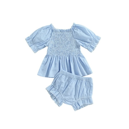 

Baby Girl Summer Clothes Suits Plaid Short Puff Sleeve Ruched Shirts Tops and Elastic Waist Shorts 2Pcs Set