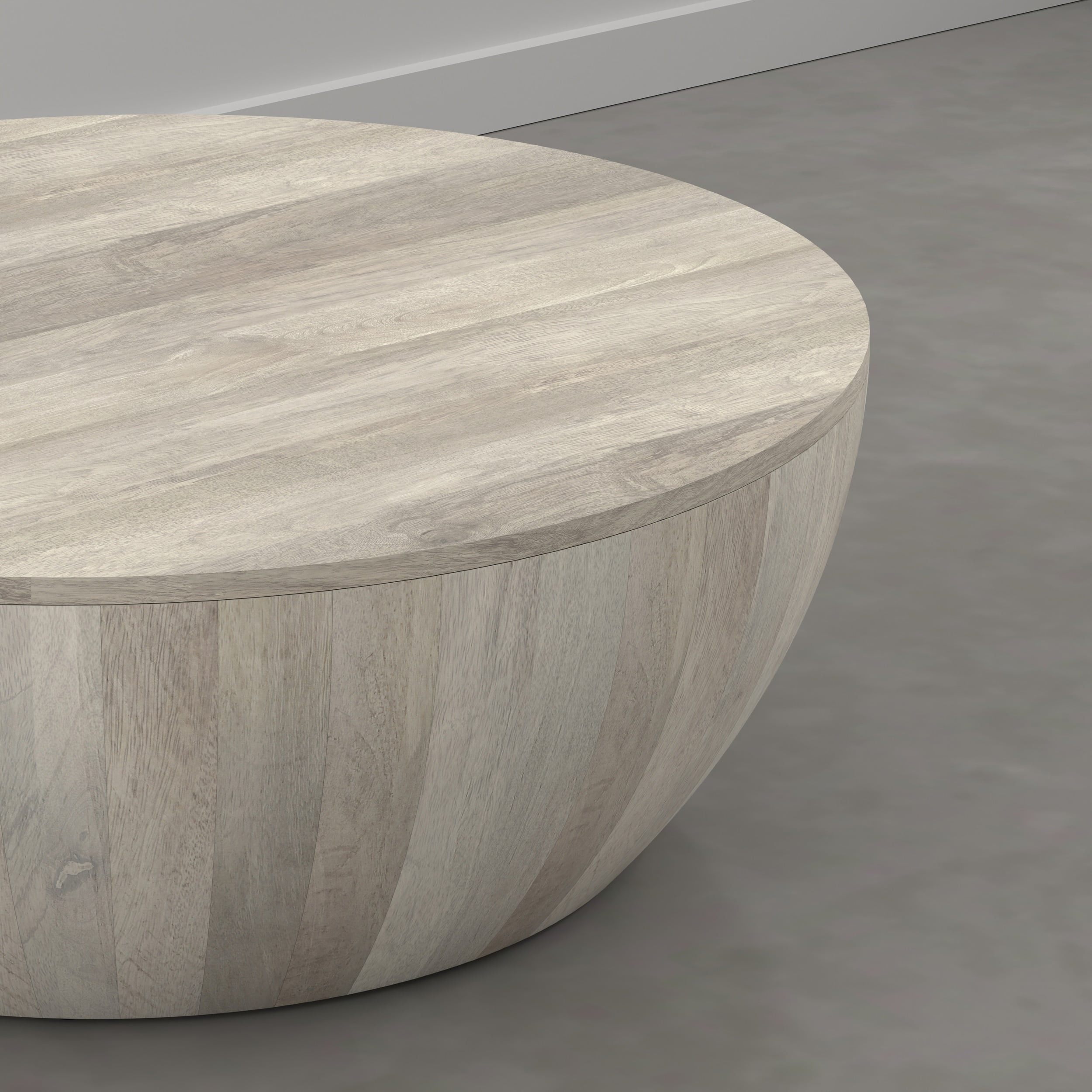 Simpli Home Elmbrook 34 inch Wide Solid Mango Wood Drum Coffee Table, Weathered White