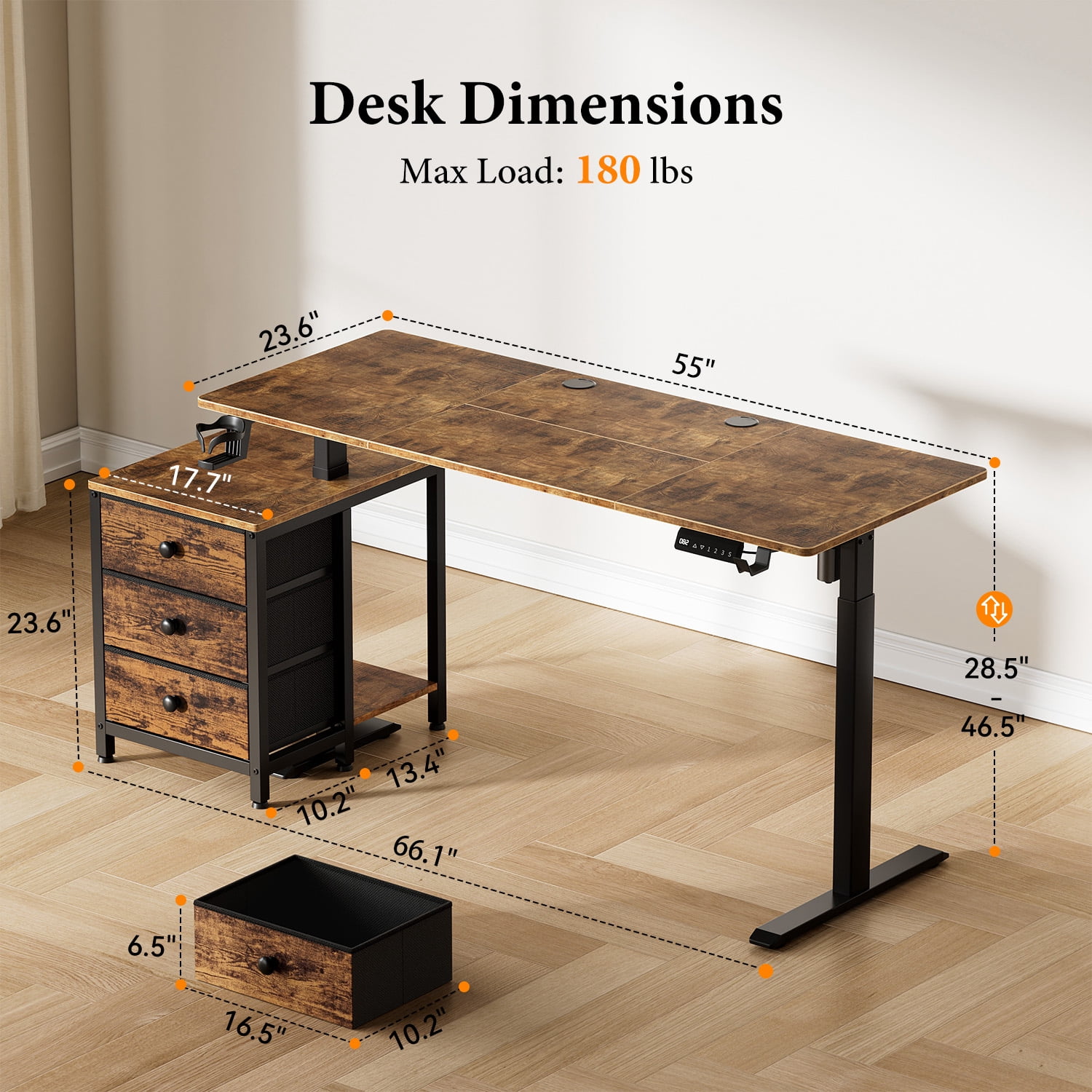 GUNAITO 55.1" Electric Standing Desk with 3-Drawer Cabinet, Adjustable Height Desk with Memory Panel, Office & Gaming Desk，Rustic Brown