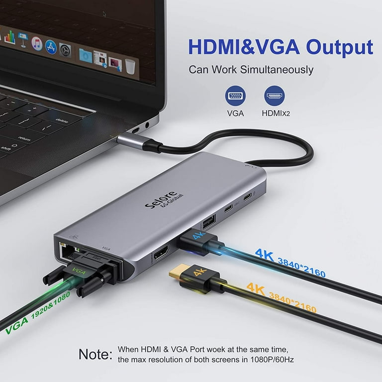 Dual Monitor USB C Docking Station, HDMI & VGA Adapter, PD3.0, Ethernet, SD  TF Card