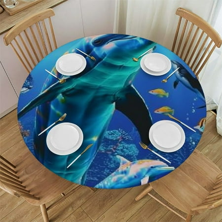 

BCIIG Dolphins Fish Marine Life Round Table Cover Stain Resistant Washable Indoor Outdoor Tablecloth Kitchen Dining Wedding Parties 100% Polyester Fiber 38-42