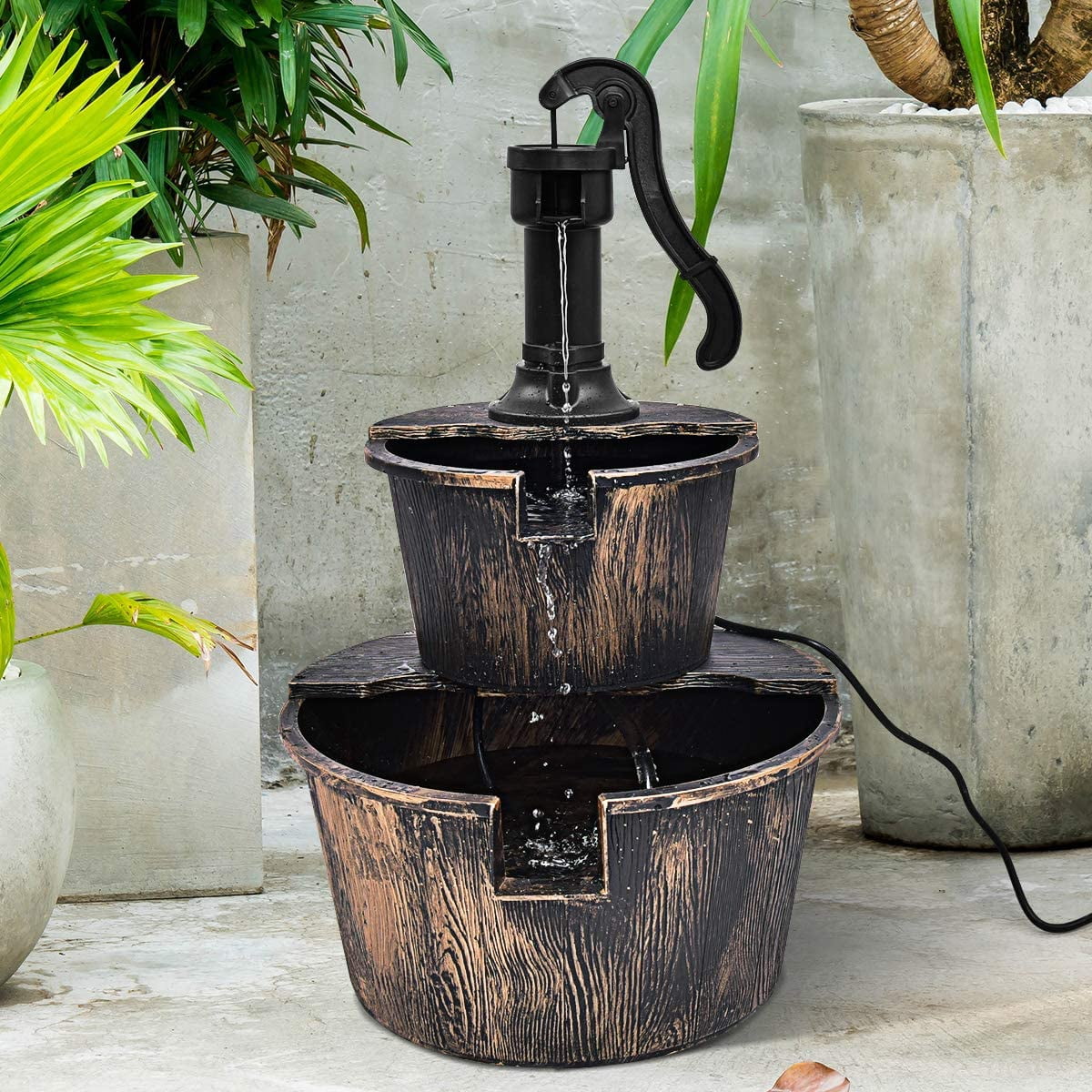 CHTER Water Fountain Outdoor, 2-Tier Barrel Cascading Waterfall Fountain with Electric Pump for Garden Patio Deck Backyard Decor, Rustic Freestanding Water Feature