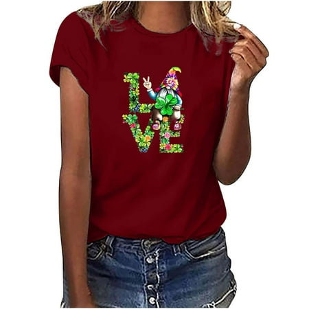 

Tops for Women Casual Summer Women Crewneck Print T-shirts Fashion Comfortable Female Blouses Tops Short Sleeve Summer Tops Wine L