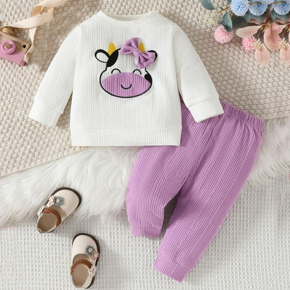 Hwmodou Toddler Girl Clothes Sets Toddler Girls Long Sleeve Tops Shirt Cartoon Dairy Cow Prints Pants Outfits Playtime Clothes