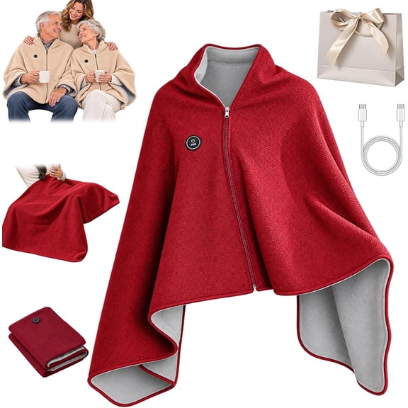 Wearable Cozy Heated Zip Up Blanket, 3 Heat Settings USB Heated Shawl
