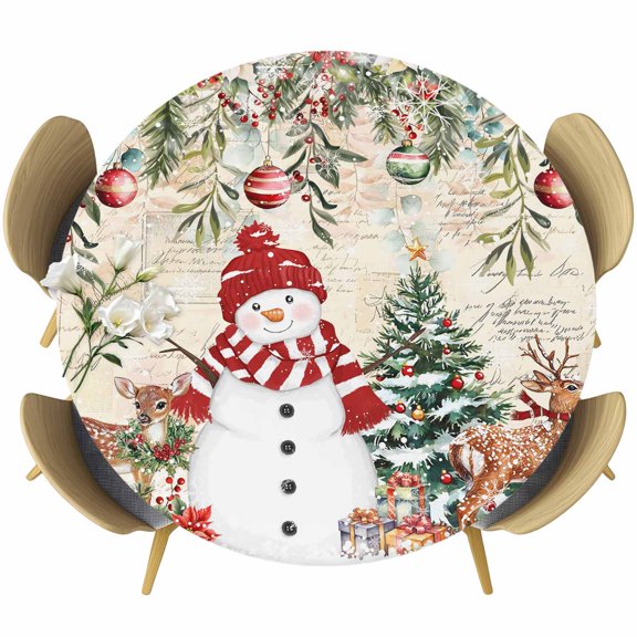 Beige Christmas Round Tablecloth, Fitted Table Cover with Elastic for 36"-44" Round Tables, Snowman Xmas Tree Poinsettia Eucalyptus Table Cloth Outdoor Indoor Dinning Party Waterproof Tablecloths