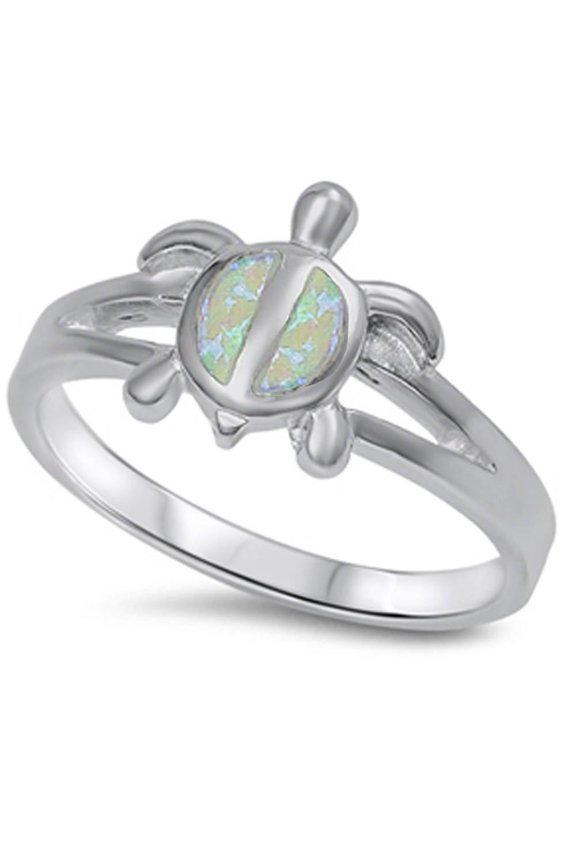Simulated White Opal Sea Turtle Split Ring Sterling Silver Size 10