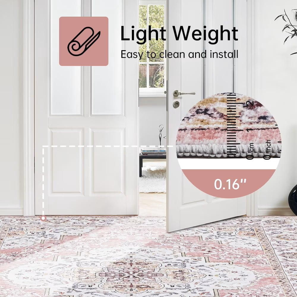 Wondiair 5'x7' Rose Pink Persian Floral Area Rug Carpet, Machine Washable Non-Slip for Living Room & Bedroom