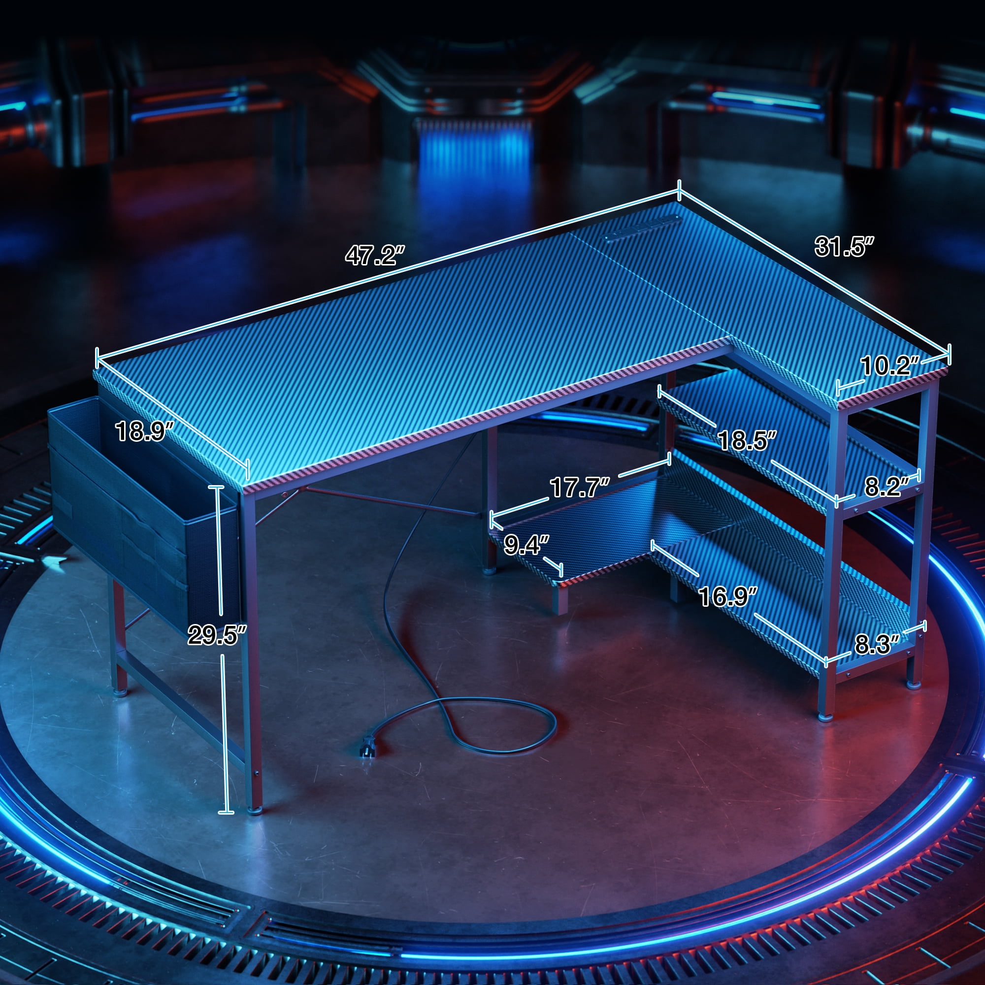 48 inch Large Office Desk with Storage Shelve, Gaming Table with Power Outletsfor Large Spaces, Black Carbon