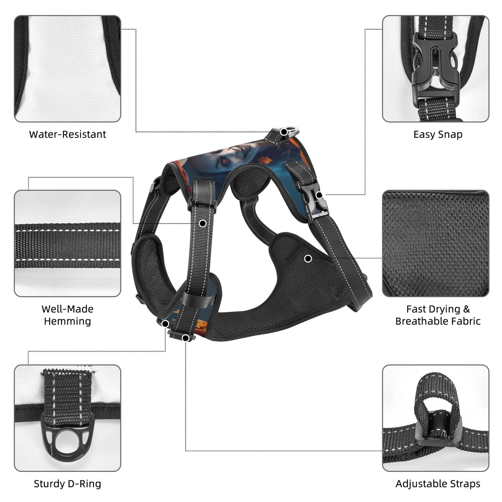 Vsdgher Vintage Blue Floral Wolf Pattern Dog Harness,No Pull Pet Harness with Soft Padded Handle,Adjustable Reflective Vest with 2 Buckles,4 Slide Buckles,S-XL Large