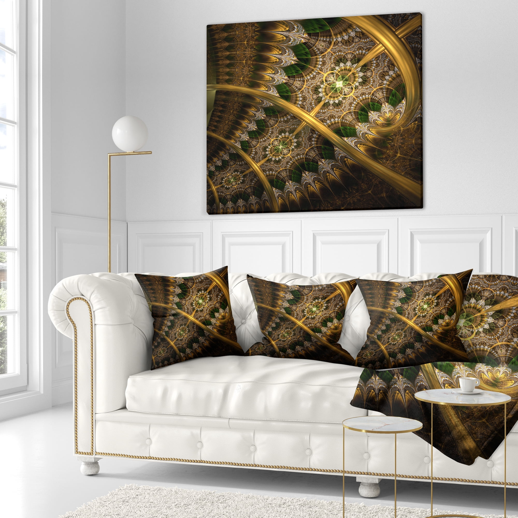 Designart Dark Green Gold Fractal Flower - Abstract Throw Pillow - 18x18