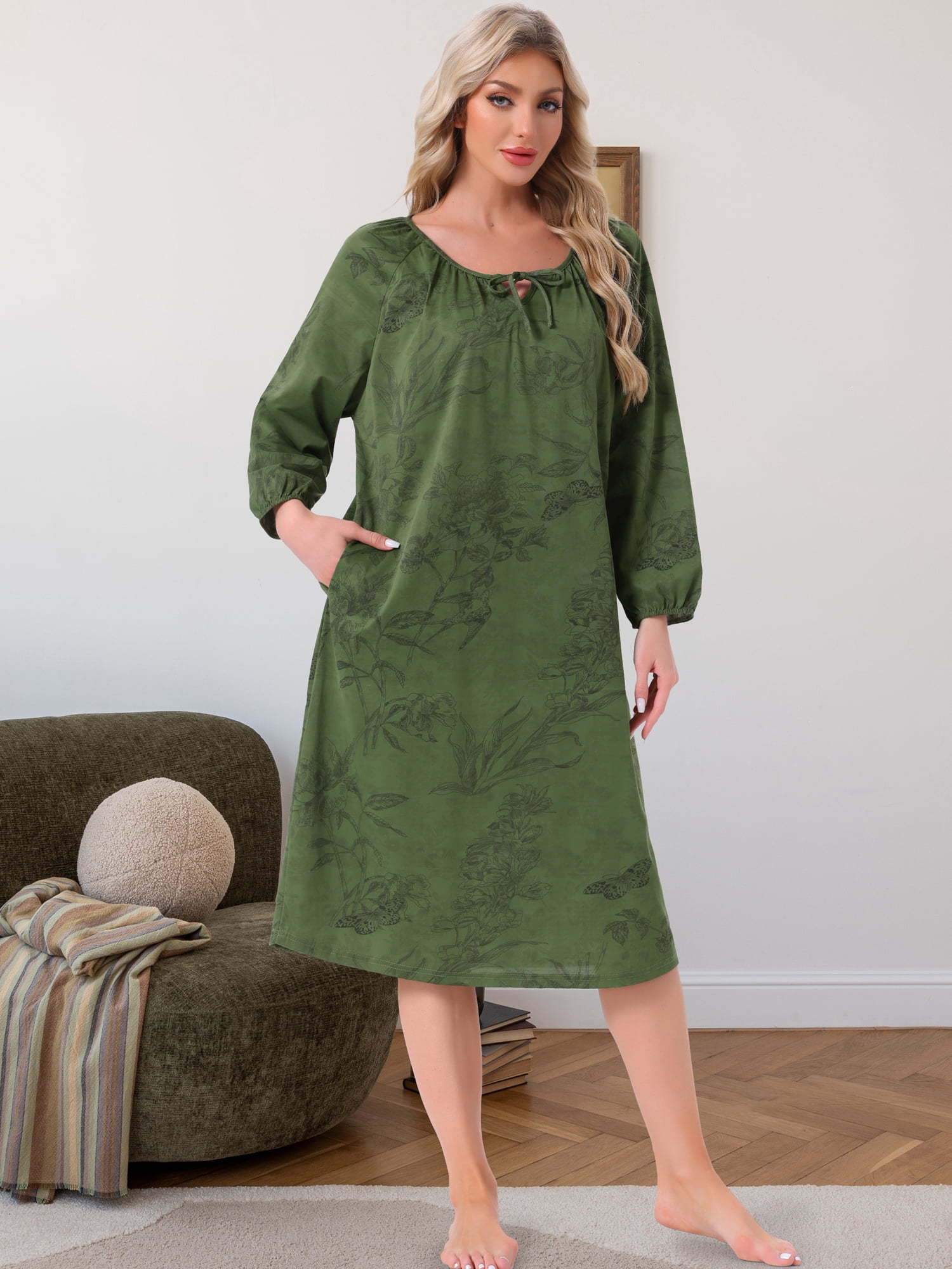 DARING DIVA Women's Long Sleeve Round Neck Tie Front Nightshirt with Pocket XL Green