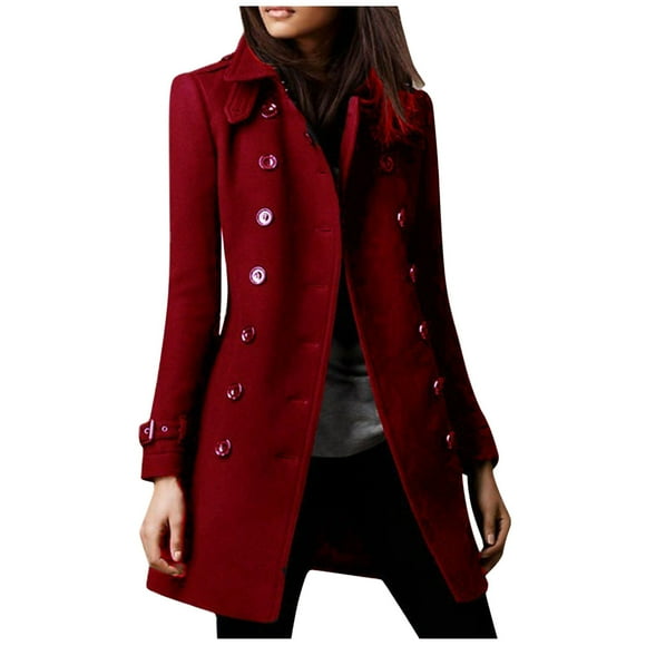 Womens Fall Jacket, Women's Winter Double Wool Coat Elegant Collared Wool Blend Trench Coat, Quilted Jacket for Women(Wine,S)