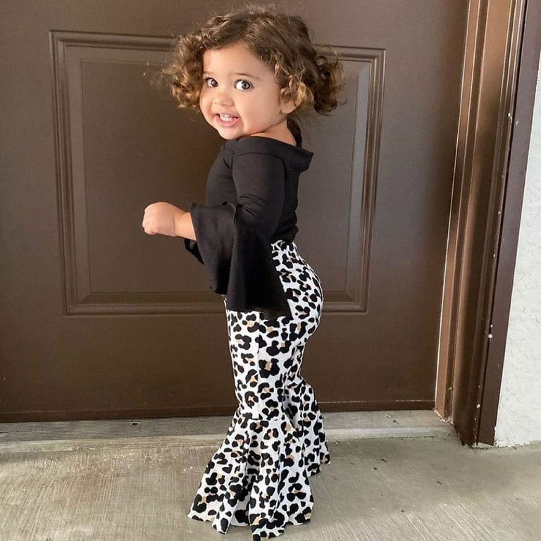 Daqian Baby Girls Clothes Toddler Kids Baby Girls Fashion Cute Trumpet Long  Sleeve Leopard Pattern Ruffles Flared Pants Suit Toddlers Girls Clothes Size  2T-5T Clearance Black 2-3 Years 