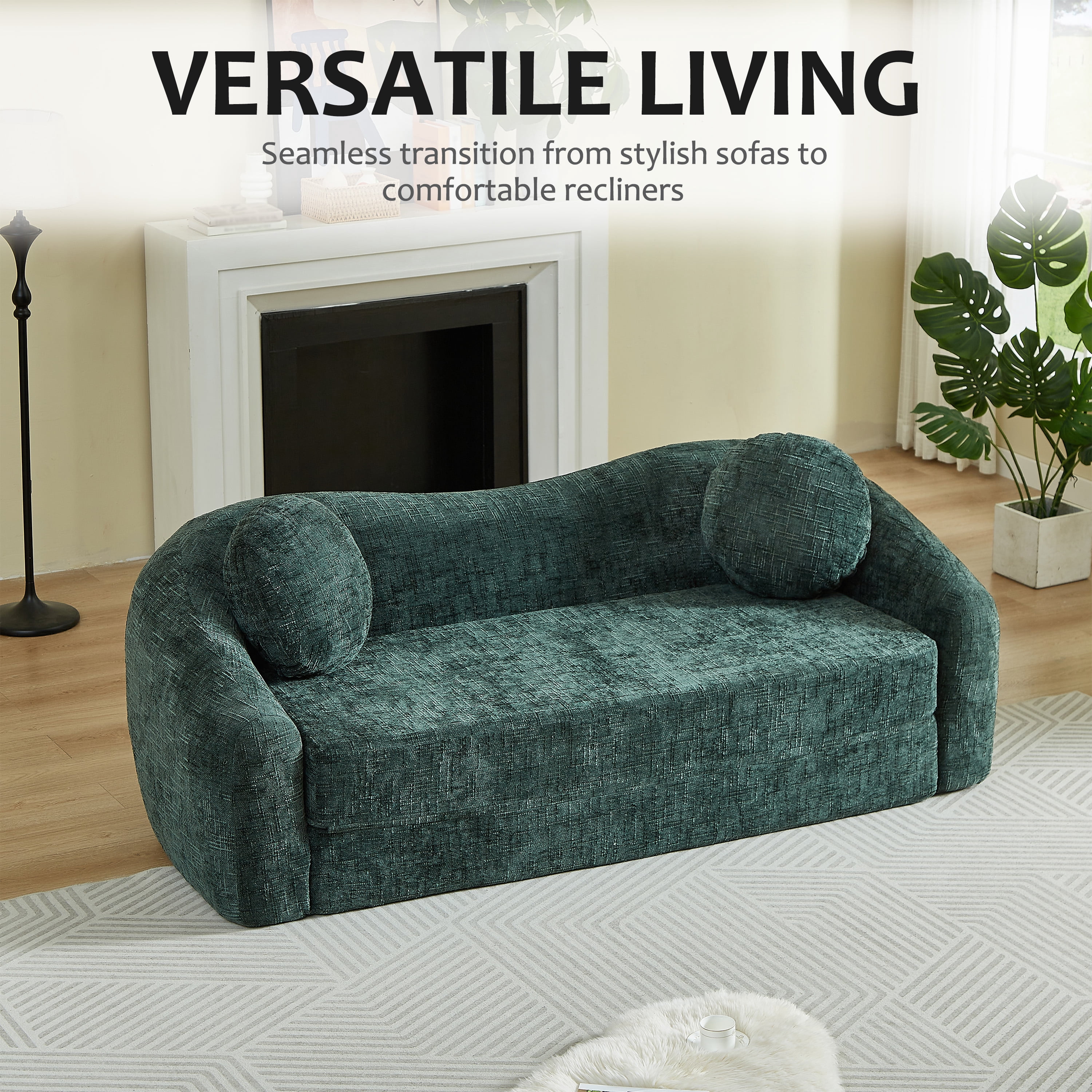 Leumius 87" Convertible Futon Sofa Bed, Corduroy Curved Boneless Couch with High Backrest, 2-in-1 Fold-Out Sleeper Sofa with Pull-out Couch Bed,Green-Round Pillow
