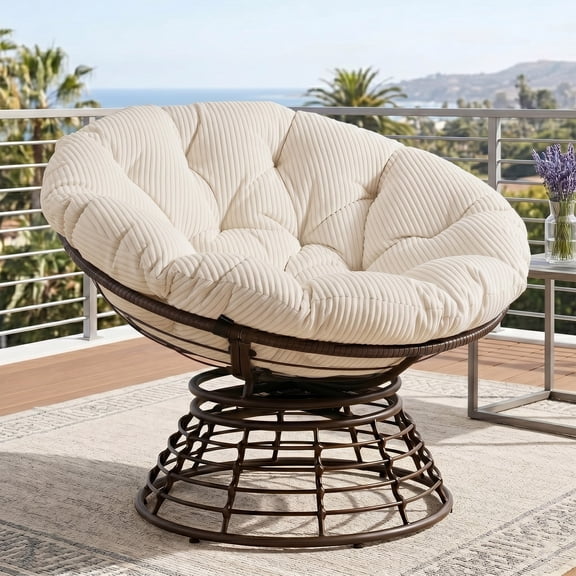 OMNIBERG Ergonomic 360° Swivel Wicker Papasan Chair, Oversized Indoor Outdoor Rattan Egg Sofa Chair Lounger with Soft Thick Cushion for Living Room, Bedroom, Patio, Yard, White