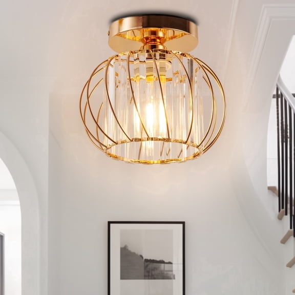 YANSUN 10" Crystal Semi Flush Mount Ceiling Light, E26 Base, Modern Gold Small Ceiling Light Fixture for Hallway、Kitchen、Entryway、Bedroom(Bulb not Included)