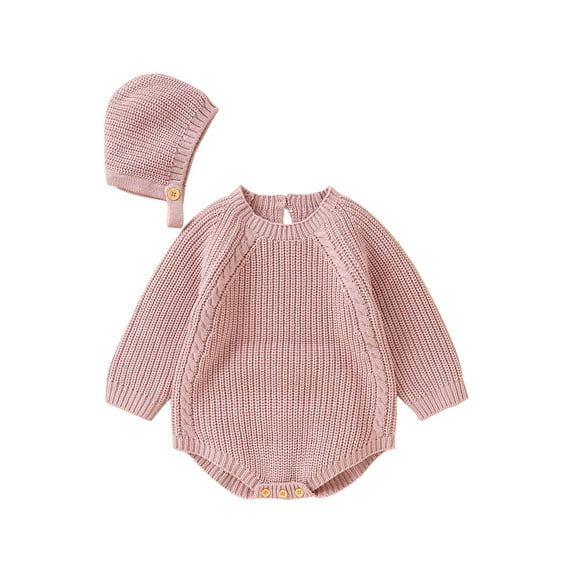 Gureui 2Pcs Toddler Infant Baby Girl Fall Winter Knit Romper Set, Casual Solid Color Long Sleeve Round Neck Romper with Hat