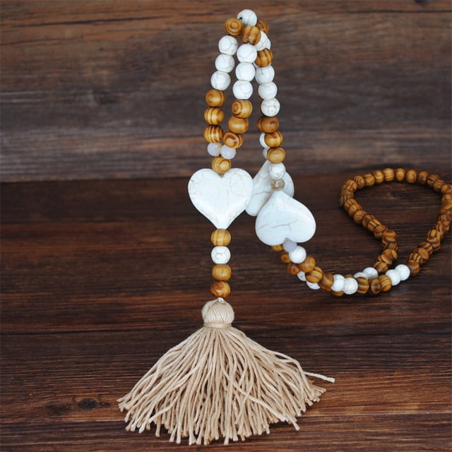 Fiudx Ofertas relampago Collar y colgante de cuentas de madera y borlas para mujer, cadena bohemia, accesorio de joyería