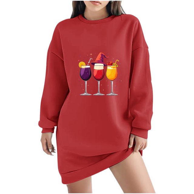 Pisexur Robes de Noël pour Femmes, Robe Chandail en Molleton à Col Rond Imprimé Verres de Vin Tendance, Robe de Fête Décontractée à Manches Longues, Robe de Vacances de Noël Mini Robe